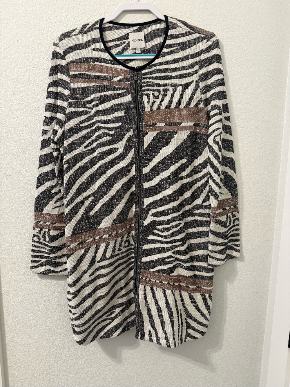 NIC+ZOE Zebra-Print Zip Cardigan in Black, White & Brown Accents